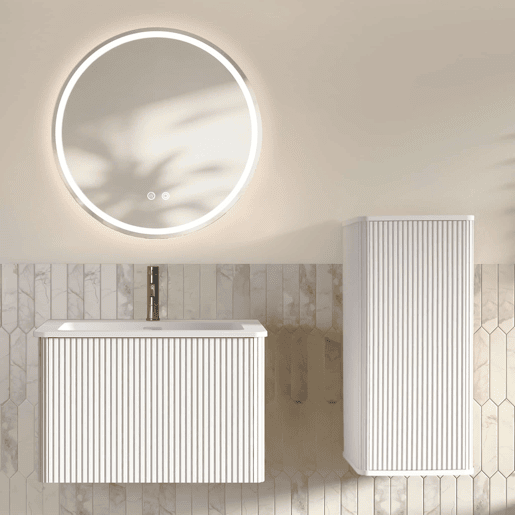 Conjunto de móveis de casa de banho de 60 cm com lavatório e espelho LED - suspenso, com armário auxiliar e espelho redondo moderno - Branco Conjunto de móveis de casa de banho de 60 cm com lavatório e espelho LED - suspenso, com armário auxiliar e espelho redondo moderno - Branco