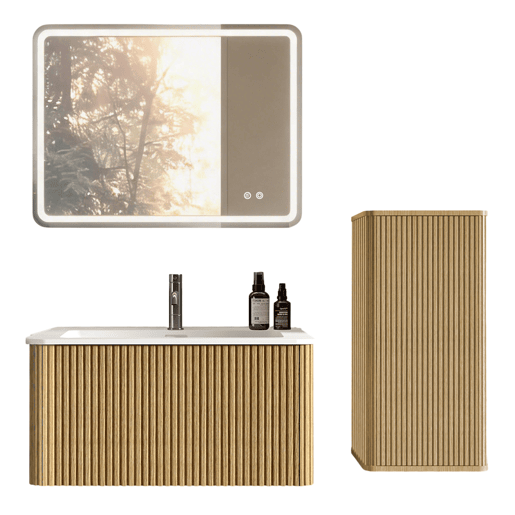 Conjunto de móveis de casa de banho de 81 cm - Suspenso, com lavatório e armário lateral, design moderno - Cor carvalho