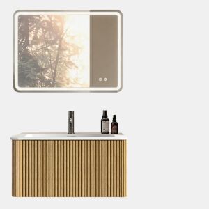 Conjunto de móveis de casa de banho de 81 cm - Suspenso, com lavatório e armário lateral, design moderno - Cor carvalho