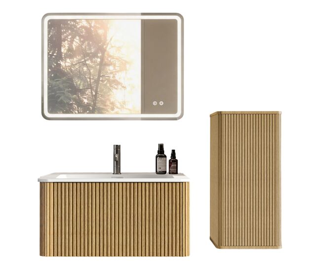 Conjunto de mueble de baño 81cm - suspendido con lavabo, espejo led cuadrado y armario auxiliar moderno - roble