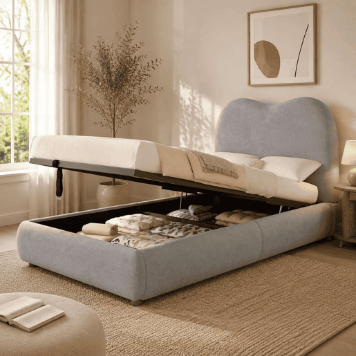 Cama individual para criança 90x200 cm - cama estofada com sistema hidráulico, base de colchão, cabeceira almofadada e amplo espaço de arrumação - cinzenta