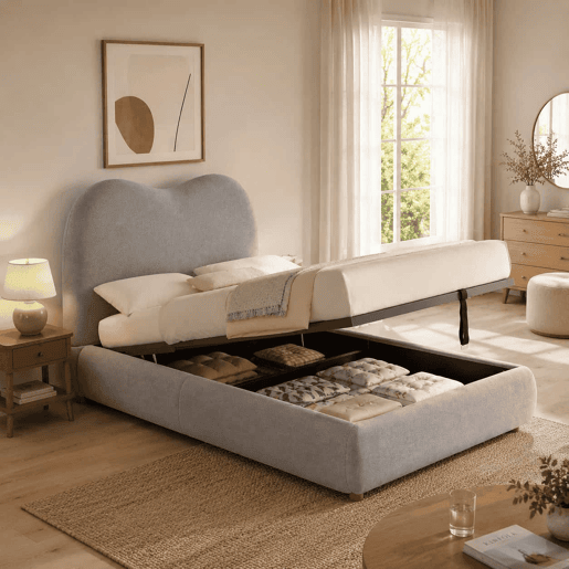 Cama individual para criança 90x200 cm - cama estofada com sistema hidráulico, base de colchão, cabeceira almofadada e amplo espaço de arrumação - cinzenta