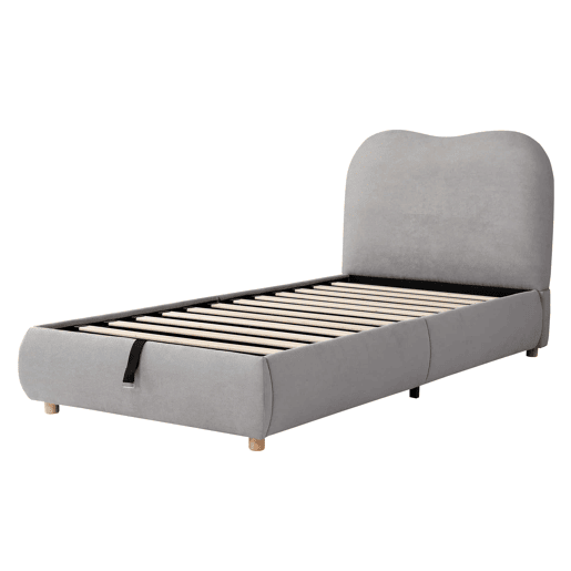 Cama individual para criança 90x200 cm - cama estofada com sistema hidráulico, base de colchão, cabeceira almofadada e amplo espaço de arrumação - cinzenta