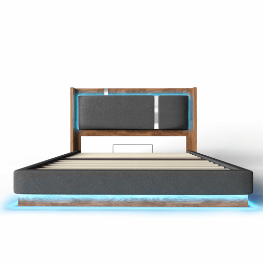 Cama estofada 160x200 - com base de colchão, LED e baú hidráulico - linho cinzento e nogueira Cama estofada 160x200 - com base de colchão, LED e baú hidráulico - linho cinzento e nogueira