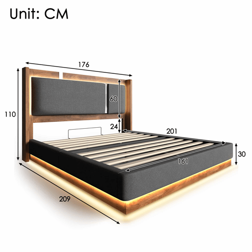 Cama estofada 160x200 - com base de colchão, LED e baú hidráulico - linho cinzento e nogueira Cama estofada 160x200 - com base de colchão, LED e baú hidráulico - linho cinzento e nogueira