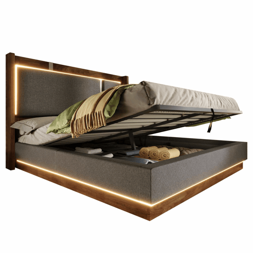 Cama estofada 160x200 - com base de colchão, LED e baú hidráulico - linho cinzento e nogueira Cama estofada 160x200 - com base de colchão, LED e baú hidráulico - linho cinzento e nogueira