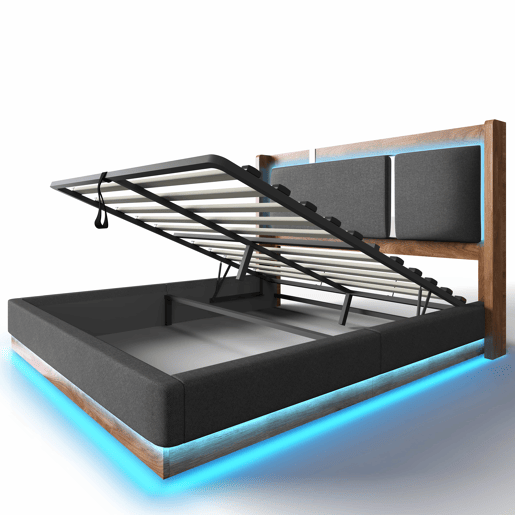 Cama estofada 160x200 - com base de colchão, LED e baú hidráulico - linho cinzento e nogueira Cama estofada 160x200 - com base de colchão, LED e baú hidráulico - linho cinzento e nogueira
