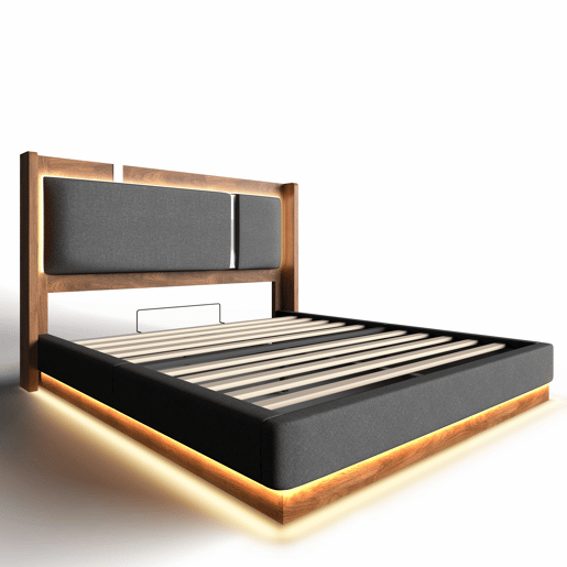 Cama estofada 160x200 - com base de colchão, LED e baú hidráulico - linho cinzento e nogueira Cama estofada 160x200 - com base de colchão, LED e baú hidráulico - linho cinzento e nogueira