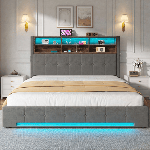 Cama estofada 180x200 cm - veludo com cabeceira multifuncional, LED, USB-C, arrumação hidráulica e amplo espaço debaixo da cama - cinzento escuro