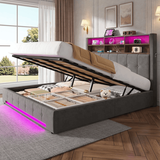 Cama estofada 180x200 cm - veludo com cabeceira multifuncional, LED, USB-C, arrumação hidráulica e amplo espaço debaixo da cama - cinzento escuro