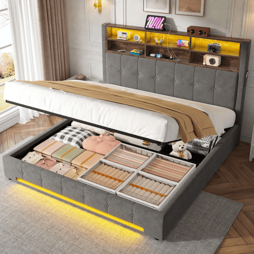 Cama estofada 180x200 cm - veludo com cabeceira multifuncional, LED, USB-C, arrumação hidráulica e amplo espaço debaixo da cama - cinzento escuro