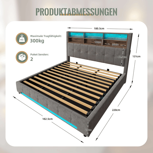 Cama estofada 180x200 cm - veludo com cabeceira multifuncional, LED, USB-C, arrumação hidráulica e amplo espaço debaixo da cama - cinzento escuro