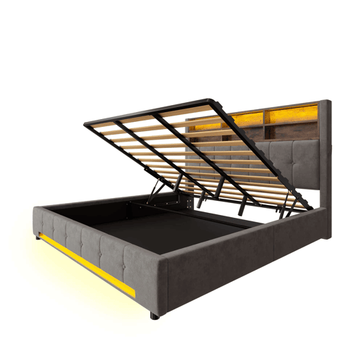 Cama estofada 180x200 cm - veludo com cabeceira multifuncional, LED, USB-C, arrumação hidráulica e amplo espaço debaixo da cama - cinzento escuro