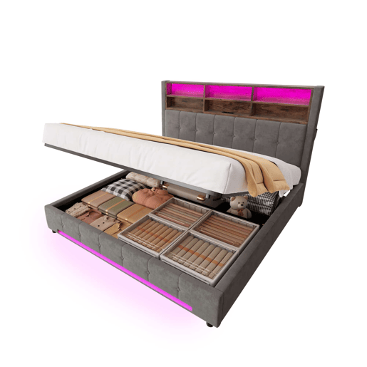 Cama estofada 180x200 cm - veludo com cabeceira multifuncional, LED, USB-C, arrumação hidráulica e amplo espaço debaixo da cama - cinzento escuro