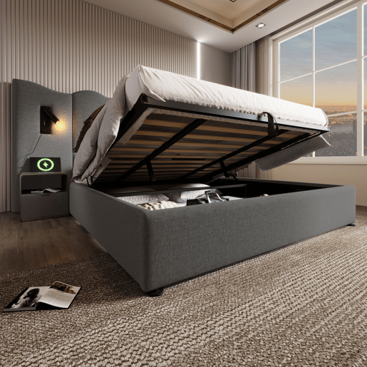 Cama de casal estofada 180x200 - candeeiro de leitura, porta USB-C, cama com arrumação, base em madeira maciça e metal, linho - cinzento Cama de casal estofada 180x200 - candeeiro de leitura, porta USB-C, cama com arrumação, base em madeira maciça e metal, linho - cinzento