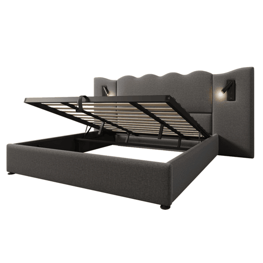 Cama de casal estofada 180x200 - candeeiro de leitura, porta USB-C, cama com arrumação, base em madeira maciça e metal, linho - cinzento Cama de casal estofada 180x200 - candeeiro de leitura, porta USB-C, cama com arrumação, base em madeira maciça e metal, linho - cinzento