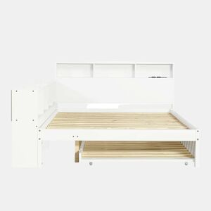 Cama funcional 120 x 200 cm com cama extraível 90 x 190 cm u2014 arrumação lateral, prateleira na cabeceira e estação de carregamento u2014 branco