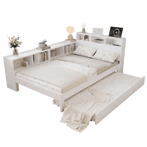Cama funcional 120 x 200 cm com cama extraível 90 x 190 cm u2014 arrumação lateral, prateleira na cabeceira e estação de carregamento u2014 branco Cama funcional 120 x 200 cm com cama extraível 90 x 190 cm u2014 arrumação lateral, prateleira na cabeceira e estação de carregamento u2014 branco