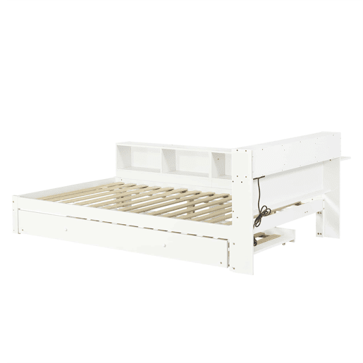 Cama funcional 120 x 200 cm com cama extraível 90 x 190 cm u2014 arrumação lateral, prateleira na cabeceira e estação de carregamento u2014 branco Cama funcional 120 x 200 cm com cama extraível 90 x 190 cm u2014 arrumação lateral, prateleira na cabeceira e estação de carregamento u2014 branco