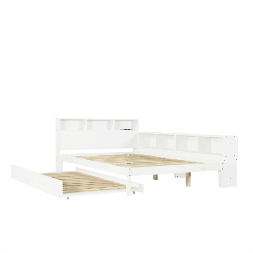 Cama funcional 120 x 200 cm com cama extraível 90 x 190 cm u2014 arrumação lateral, prateleira na cabeceira e estação de carregamento u2014 branco Cama funcional 120 x 200 cm com cama extraível 90 x 190 cm u2014 arrumação lateral, prateleira na cabeceira e estação de carregamento u2014 branco