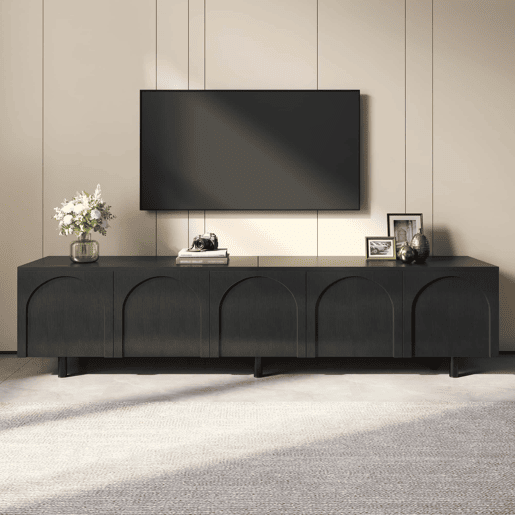 Móvel baixo para televisão - 5 portas, pés metálicos, PB e MDF, design moderno - Preto Móvel baixo para televisão - 5 portas, pés metálicos, PB e MDF, design moderno - Preto