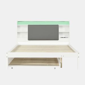 Cama funcional 120 x 200 cm com cama extraível 90 x 190 cm u2014 cabeceira estofada com LED, prateleira e estação de carregamento, cama auxiliar reversível u2014 Branco