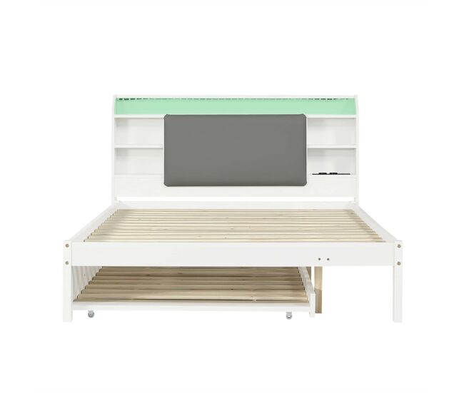 Cama funcional 120x200 cm con cama extraíble 90x190 cm - cabecero tapizado con led, estantería y estación de carga, cama auxiliar reversible - blanco