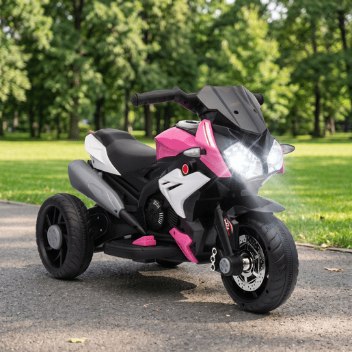 HOMCOM Mota Elétrica Infantil de 3 Rodas com Pedal, Farol LED, Música e Buzina, para Crianças de 3 a 5 Anos, Rosa
