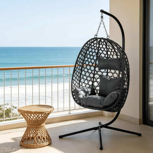 Poltrona suspensa em rattan 105x105 cm - altura ajustável, design elegante em forma de ovo, cadeira de baloiço para exterior - cinzento escuro Poltrona suspensa em rattan 105x105 cm - altura ajustável, design elegante em forma de ovo, cadeira de baloiço para exterior - cinzento escuro
