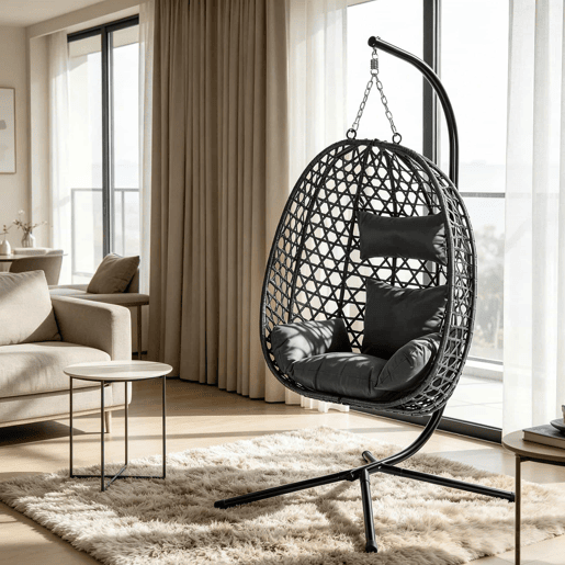 Poltrona suspensa em rattan 105x105 cm - altura ajustável, design elegante em forma de ovo, cadeira de baloiço para exterior - cinzento escuro Poltrona suspensa em rattan 105x105 cm - altura ajustável, design elegante em forma de ovo, cadeira de baloiço para exterior - cinzento escuro
