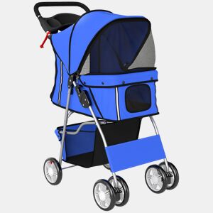 PawHut Carrinho para Cães Dobrável, Cochecito para Cães Pequenos com Cesto de Arrumação, Janelas em Rede, Suportes para Copos, Rodas EVA, Almofada Lavável, Travões, Carga 10 kg, 77x44x102 cm, Azul