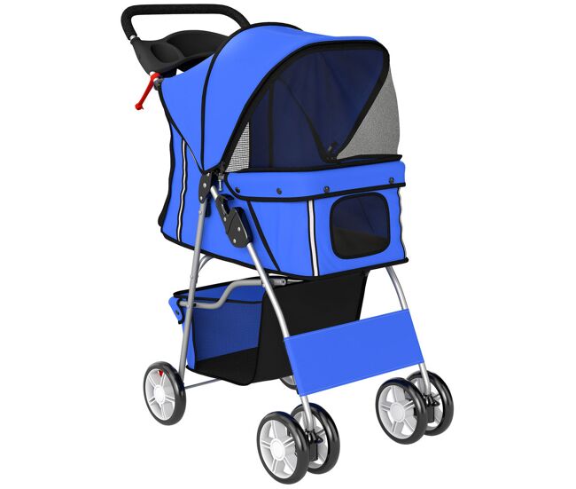 Pawhut carrito para perros gatos plegable hasta 10 kg, cochecito para perros pequeños con ruedas de eva y frenos, cesta de almacenaje, ventanas de