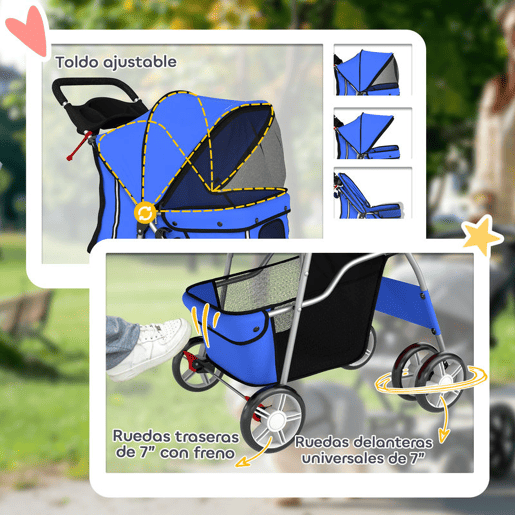 PawHut Carrinho para Cães Dobrável, Cochecito para Cães Pequenos com Cesto de Arrumação, Janelas em Rede, Suportes para Copos, Rodas EVA, Almofada Lavável, Travões, Carga 10 kg, 77x44x102 cm, Azul PawHut Carrinho para Cães Dobrável, Cochecito para Cães Pequenos com Cesto de Arrumação, Janelas em Rede, Suportes para Copos, Rodas EVA, Almofada Lavável, Travões, Carga 10 kg, 77x44x102 cm, Azul