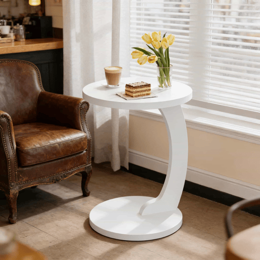 Mesa auxiliar redonda de 38 cm - Design em C, multifuncional para sofá e computador - Branco Mesa auxiliar redonda de 38 cm - Design em C, multifuncional para sofá e computador - Branco