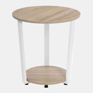 Mesa auxiliar redonda 50x50x53 cm u2014 com 2 prateleiras de arrumação, mesa de centro multifuncional, mesa para plantas u2014 branca e carvalho claro