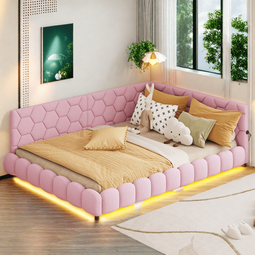 Cama de casal estofada de 140 x 200 cm com entrada para carregamento USB e iluminação LED para adolescentes e adultos, cor-de-rosa Cama de casal estofada de 140 x 200 cm com entrada para carregamento USB e iluminação LED para adolescentes e adultos, cor-de-rosa