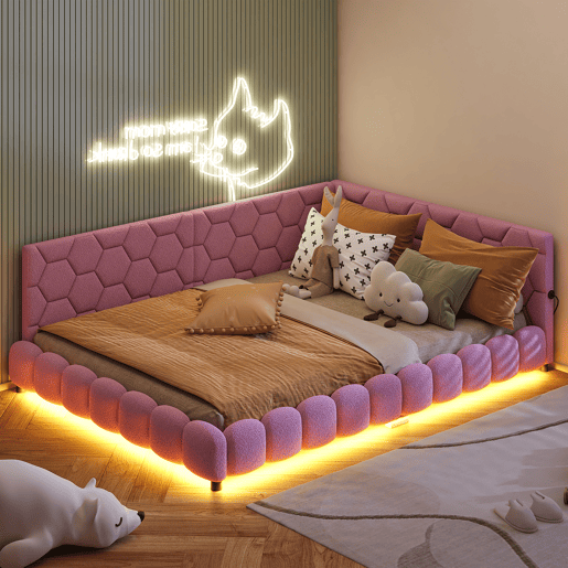 Cama de casal estofada de 140 x 200 cm com entrada para carregamento USB e iluminação LED para adolescentes e adultos, cor-de-rosa Cama de casal estofada de 140 x 200 cm com entrada para carregamento USB e iluminação LED para adolescentes e adultos, cor-de-rosa