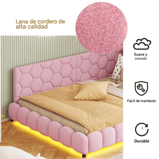 Cama de casal estofada de 140 x 200 cm com entrada para carregamento USB e iluminação LED para adolescentes e adultos, cor-de-rosa Cama de casal estofada de 140 x 200 cm com entrada para carregamento USB e iluminação LED para adolescentes e adultos, cor-de-rosa