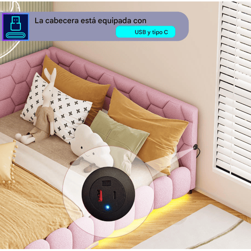 Cama de casal estofada de 140 x 200 cm com entrada para carregamento USB e iluminação LED para adolescentes e adultos, cor-de-rosa Cama de casal estofada de 140 x 200 cm com entrada para carregamento USB e iluminação LED para adolescentes e adultos, cor-de-rosa