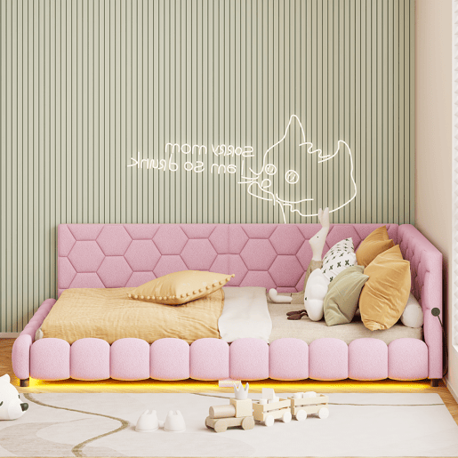 Cama de casal estofada de 140 x 200 cm com entrada para carregamento USB e iluminação LED para adolescentes e adultos, cor-de-rosa Cama de casal estofada de 140 x 200 cm com entrada para carregamento USB e iluminação LED para adolescentes e adultos, cor-de-rosa