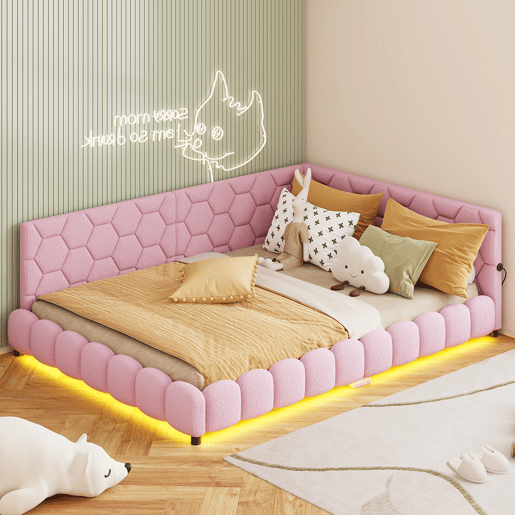Cama de casal estofada de 140 x 200 cm com entrada para carregamento USB e iluminação LED para adolescentes e adultos, cor-de-rosa Cama de casal estofada de 140 x 200 cm com entrada para carregamento USB e iluminação LED para adolescentes e adultos, cor-de-rosa