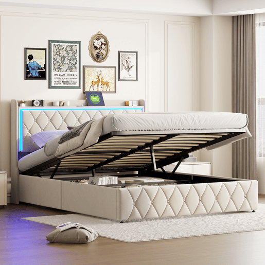 Cama estofada de 140x200 cm com mola a gás e espaço para arrumação, cabeceira com LED, revestimento em veludo, design Chesterfield, estrutura de ripas, bege. Cama estofada de 140x200 cm com mola a gás e espaço para arrumação, cabeceira com LED, revestimento em veludo, design Chesterfield, estrutura de ripas, bege.