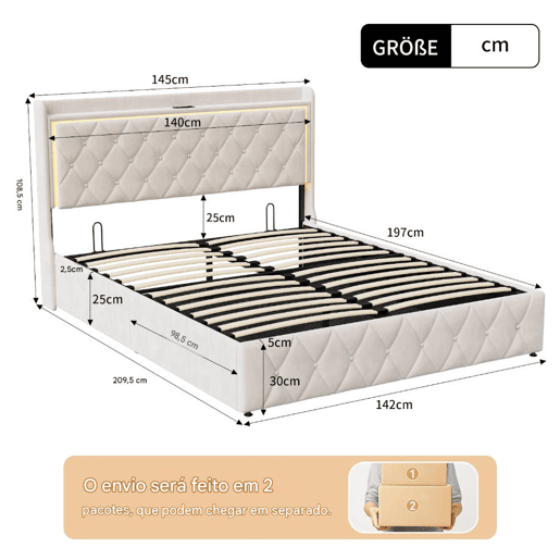Cama estofada de 140x200 cm com mola a gás e espaço para arrumação, cabeceira com LED, revestimento em veludo, design Chesterfield, estrutura de ripas, bege. Cama estofada de 140x200 cm com mola a gás e espaço para arrumação, cabeceira com LED, revestimento em veludo, design Chesterfield, estrutura de ripas, bege.