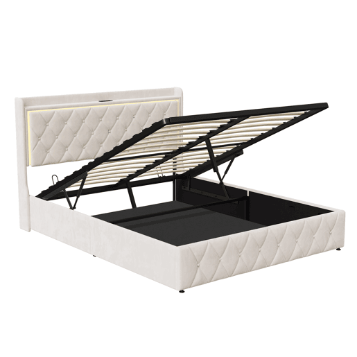 Cama estofada de 140x200 cm com mola a gás e espaço para arrumação, cabeceira com LED, revestimento em veludo, design Chesterfield, estrutura de ripas, bege. Cama estofada de 140x200 cm com mola a gás e espaço para arrumação, cabeceira com LED, revestimento em veludo, design Chesterfield, estrutura de ripas, bege.