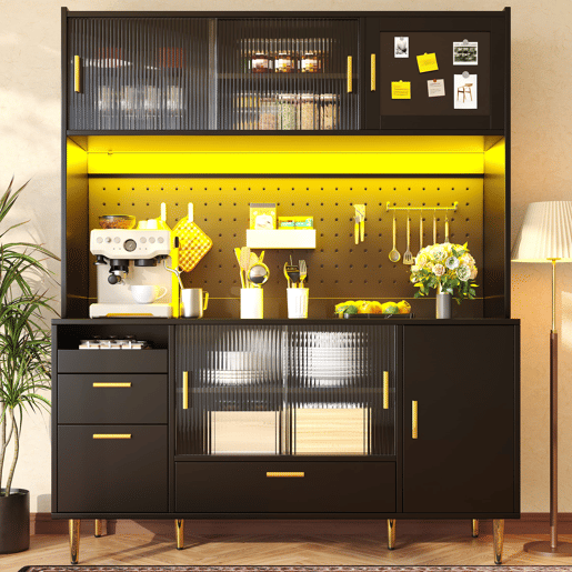 Aparador de cozinha de 180 cm - preto de alto brilho, iluminação LED, painel perfurado, portas de correr em vidro, porta magnética, capacidade de carga de 60 kg - preto