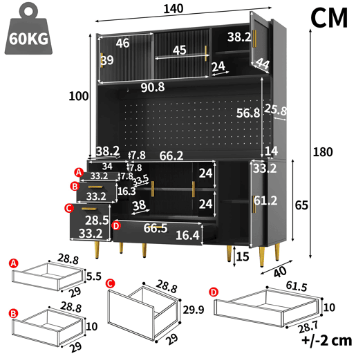 Aparador de cozinha de 180 cm - preto de alto brilho, iluminação LED, painel perfurado, portas de correr em vidro, porta magnética, capacidade de carga de 60 kg - preto