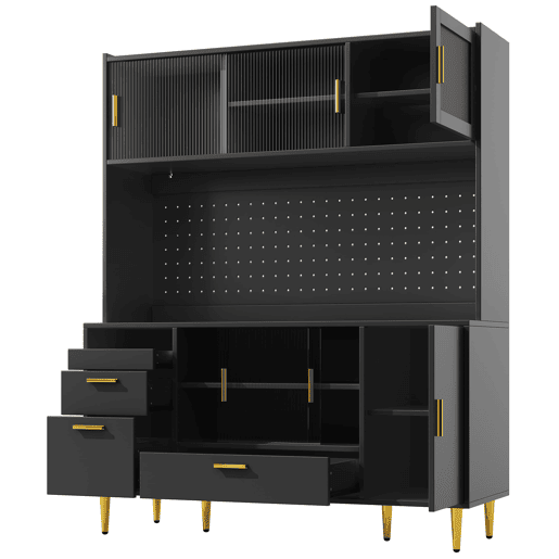 Aparador de cozinha de 180 cm - preto de alto brilho, iluminação LED, painel perfurado, portas de correr em vidro, porta magnética, capacidade de carga de 60 kg - preto