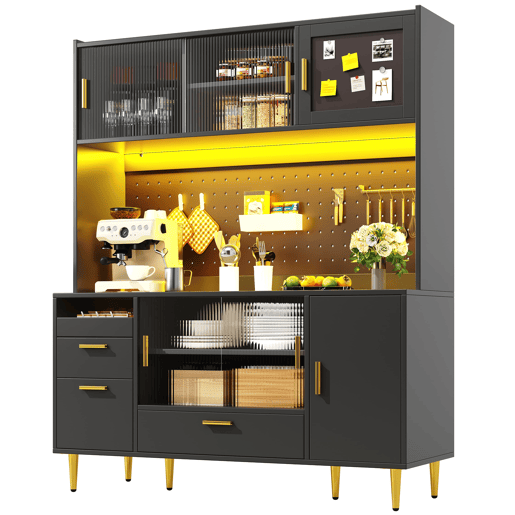 Aparador de cozinha de 180 cm - preto de alto brilho, iluminação LED, painel perfurado, portas de correr em vidro, porta magnética, capacidade de carga de 60 kg - preto