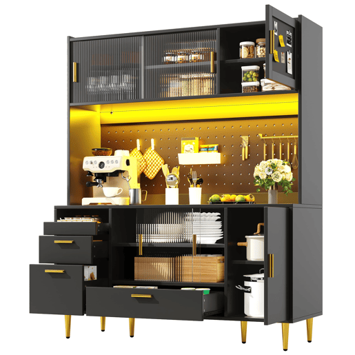 Aparador de cozinha de 180 cm - preto de alto brilho, iluminação LED, painel perfurado, portas de correr em vidro, porta magnética, capacidade de carga de 60 kg - preto
