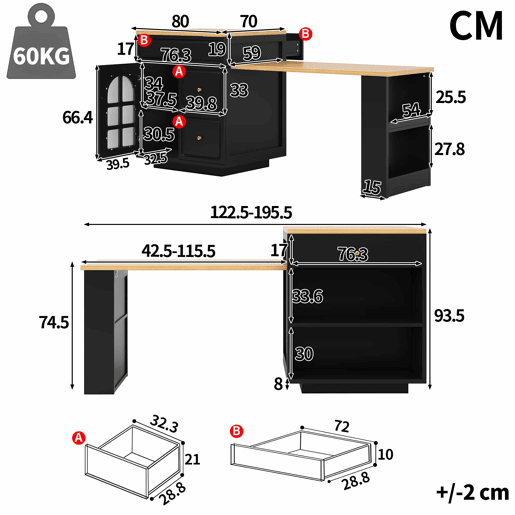 Ilha de cozinha extensível com gavetas 122,5-195,5 cm - faixa de luz LED RGB, vitrina de vidro, acabamento em veios de madeira, utilização multifuncional para cozinha, sala de jantar e balcão - preto